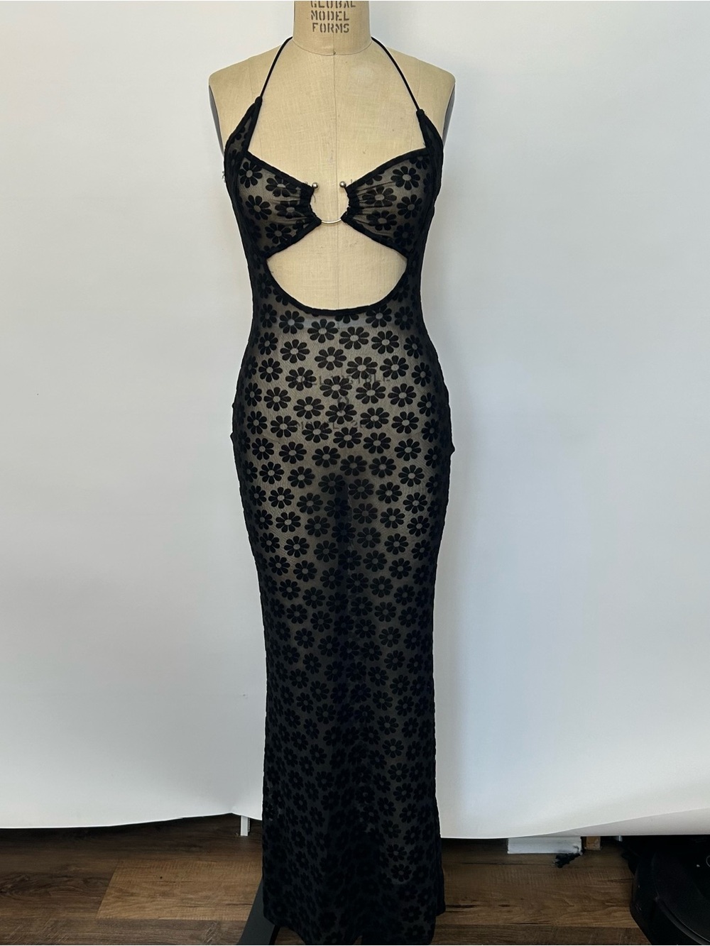 Sheer Floral Cutout Halter Maxi Dress - Black